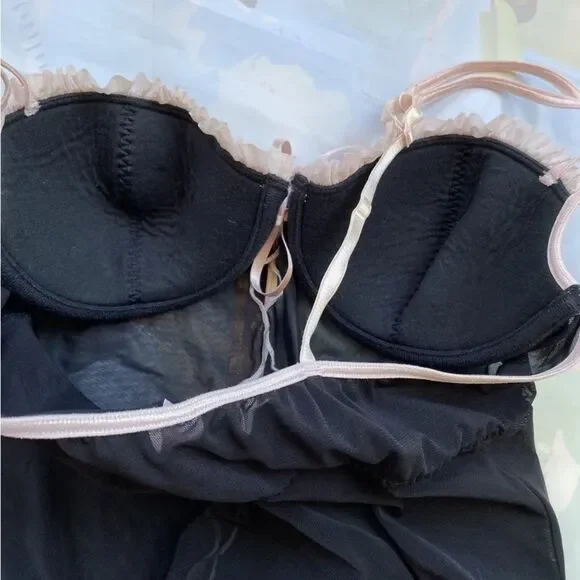 VTG Victoria’s Secret Black Mesh Sheer Babydoll Pink Trim Open FrontSize M - Picture 9 of 13